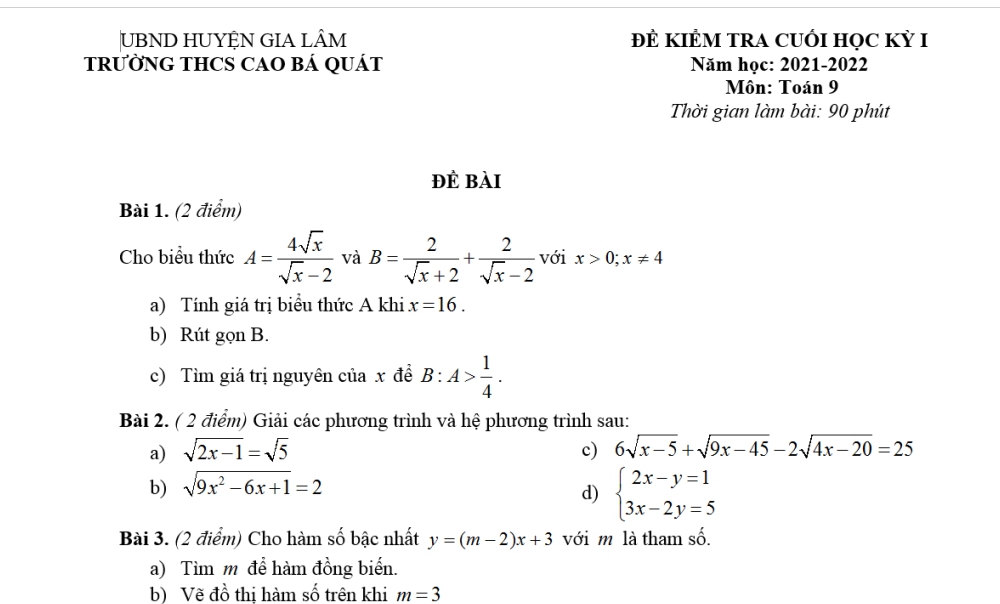 Toán 9: Đề kiểm tra cuối học kì 1. Trường THCS Cao Bá Quát-Gia Lâm năm học 2021-2022